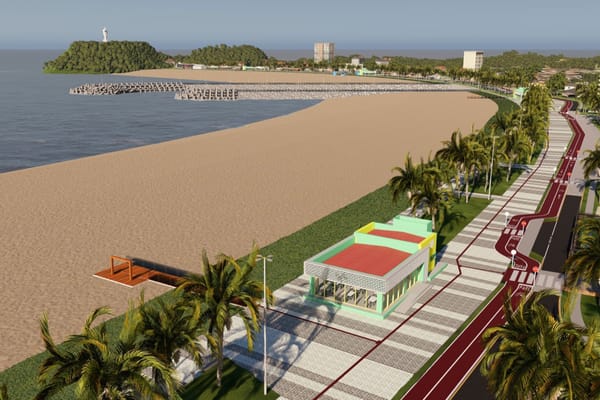 Ilustração de projeto de orla, com calçadão, ciclovia e quiosque